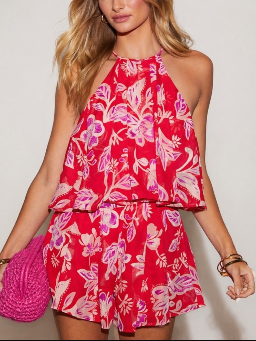 Vici Red Floral Halter Romper